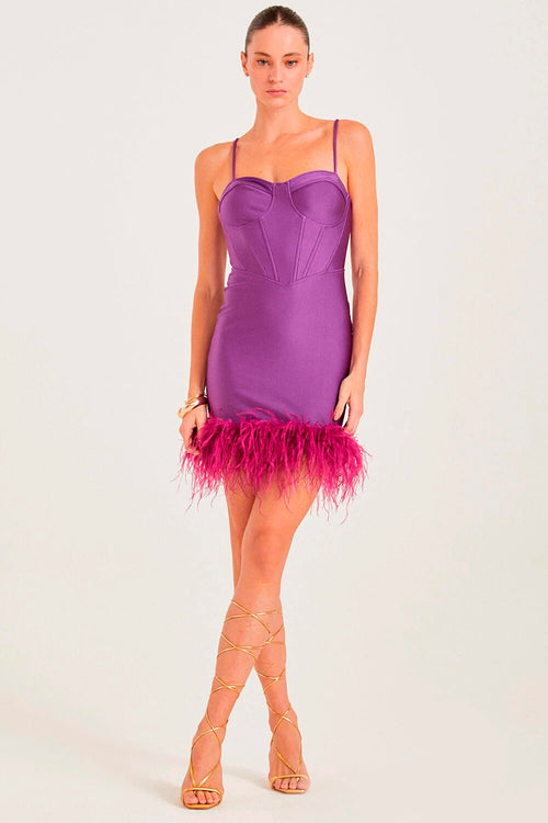 VESTIDO MIDI SCULPT CORSELET COM PLUMAS NA BARRA ROXO