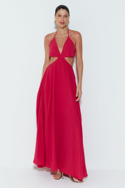 VESTIDO LONGO FRENTE ÚNICA DECOTADO ROSA MAGENTA