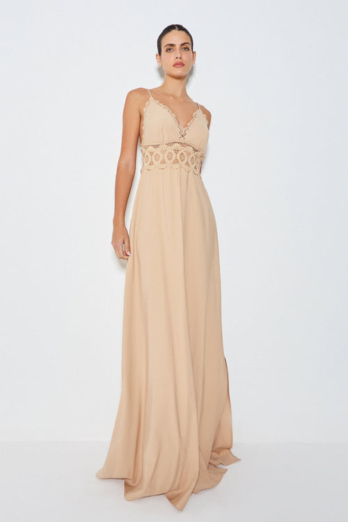 VESTIDO LONGO COM RENDA KAKI CLARO
