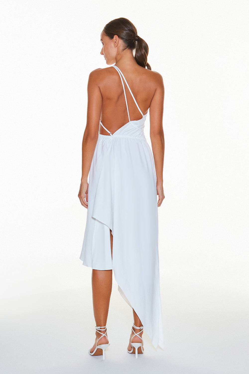 VESTIDO MIDI BARRA ASSIMETRICA UM OMBRO SO OFF WHITE