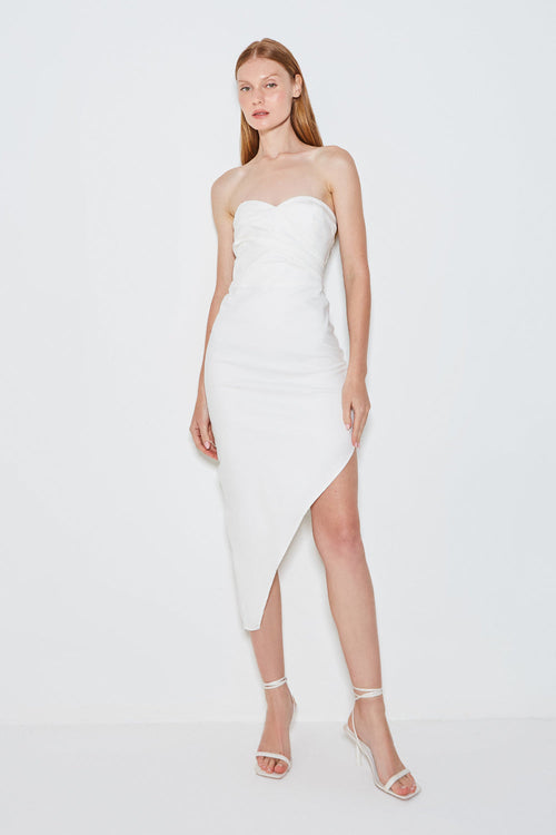 VESTIDO MIDI TOMARA QUE CAIA COM PREGAS OFF WHITE