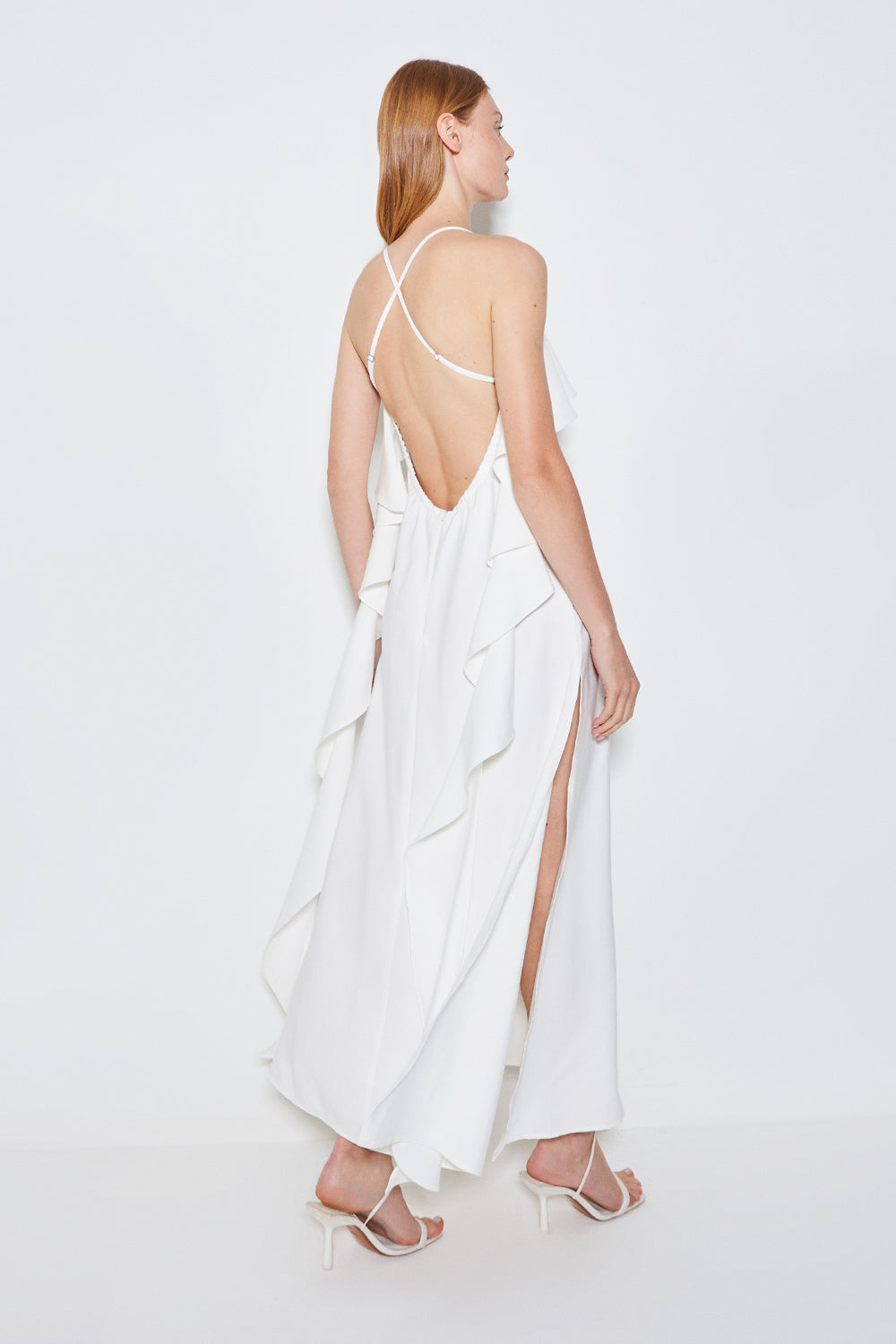 VESTIDO LONGO COM BABADO E DECOTE V OFF WHITE