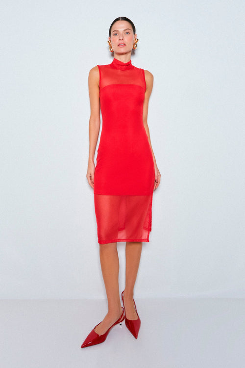 VESTIDO MIDI GOLA ALTA E FENDA LATERAL EM TULE VERMELHO
