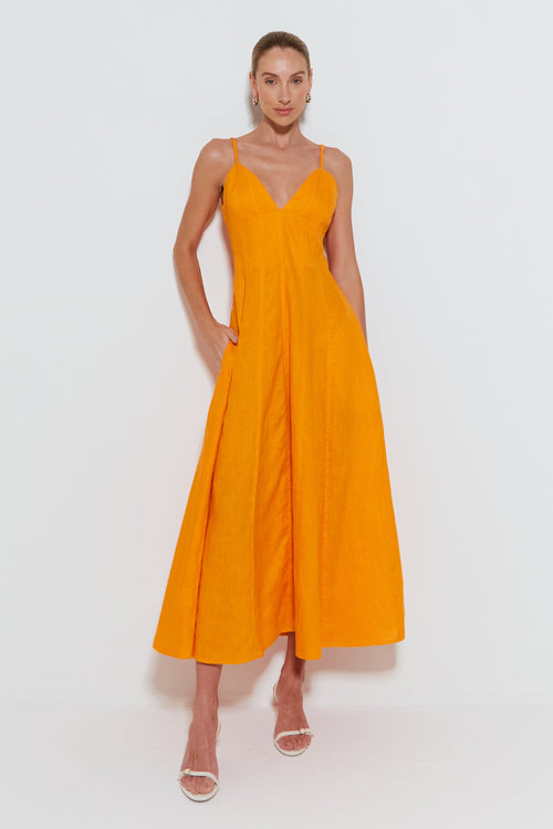 VESTIDO MIDI ALCA FINA COM DECOTE V E SAIA AMPLA LARANJA TANGERINA