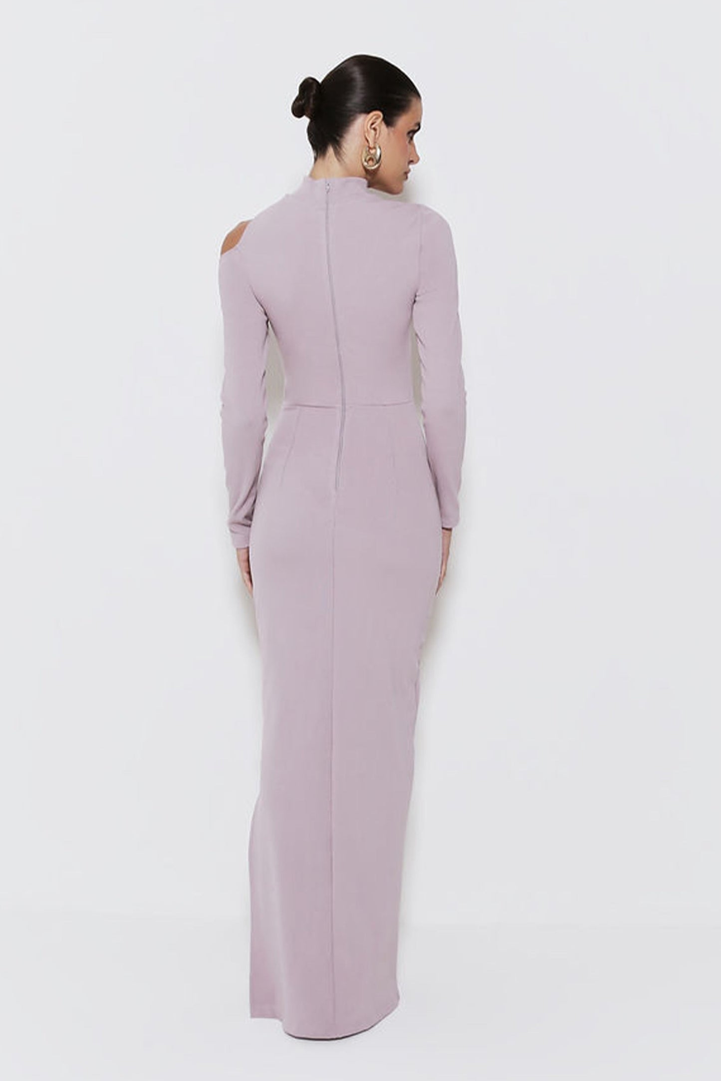 VESTIDO LONGO COM ABERTURA DECOTE E OMBRO GOLA ALTA LILAC