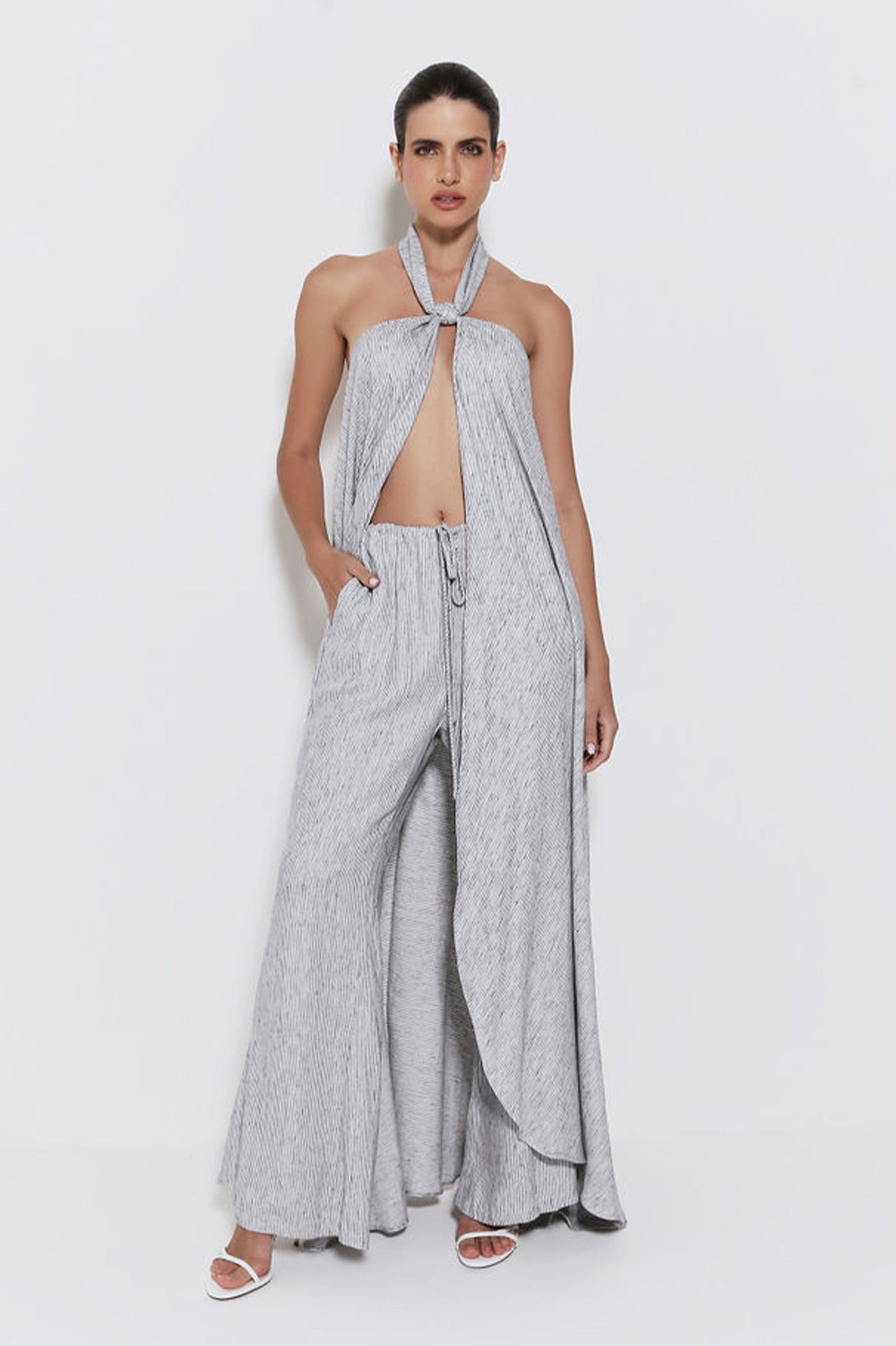 VESTIDO LONGO TUNICA COM ABERTURA FRONTAL E AMARRACAO AZUL