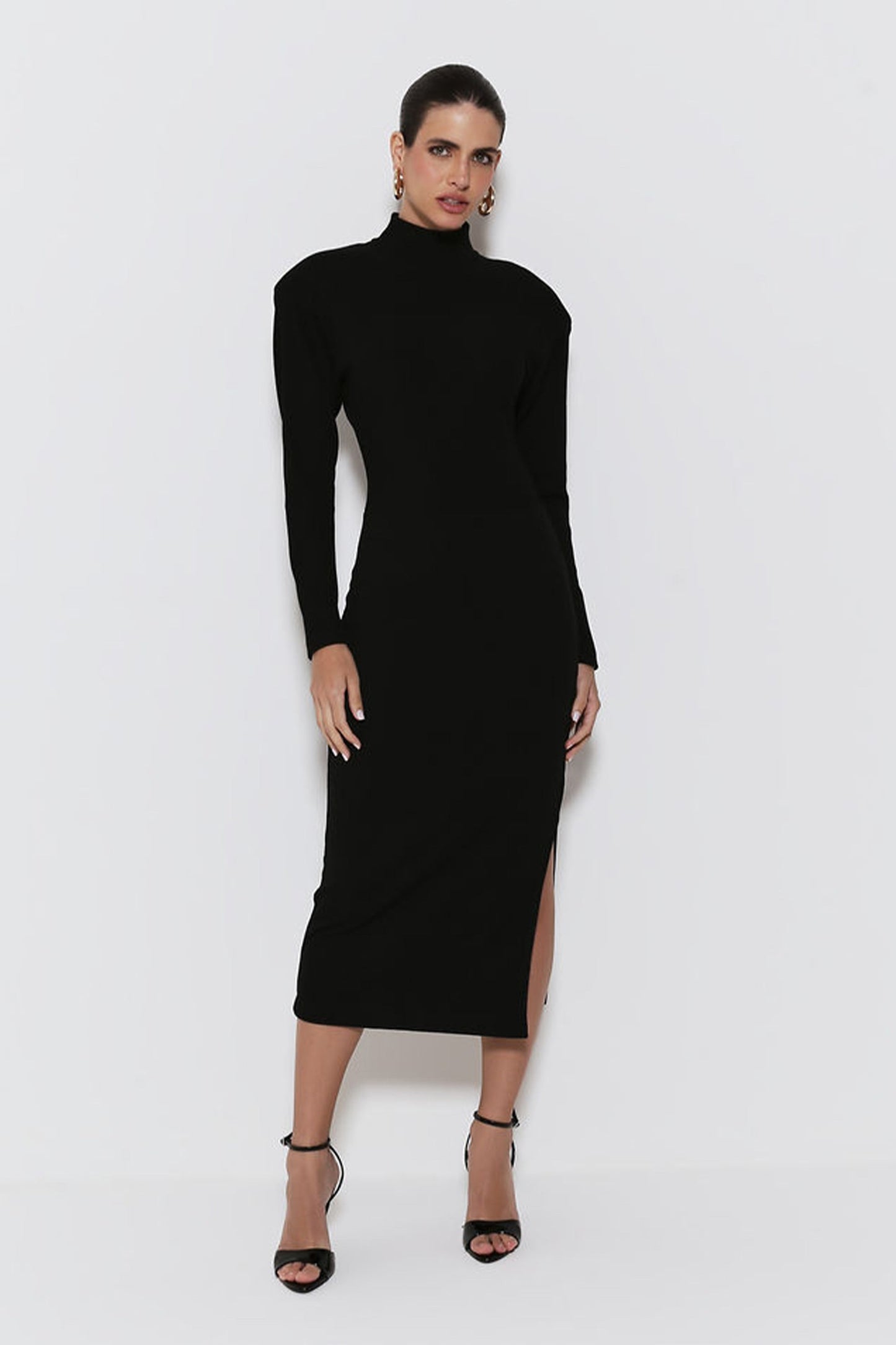 VESTIDO MIDI GOLA ALTA ABERTURA COM CAIMENTO COSTAS PRETO