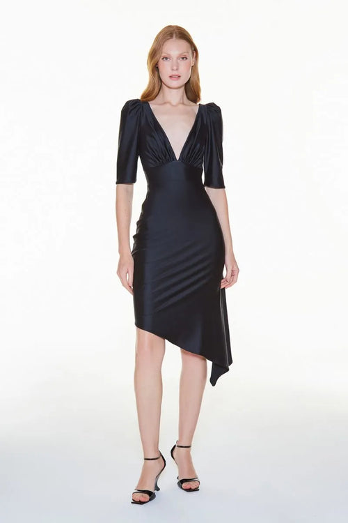 VESTIDO MIDI SCULPT DECOTE FRANZIDO PRETO