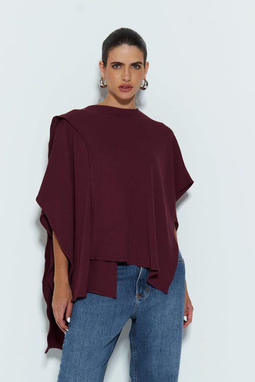 BLUSA MANGA CURTA PONCHO ASSIMETRICO VINHO