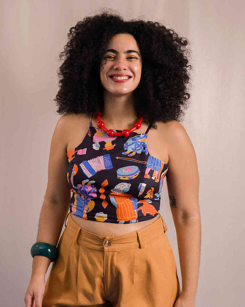 Top Laço Dupla Face | Forró Preto / Linho Azul