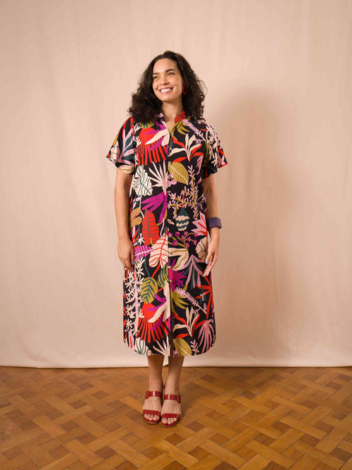VESTIDO NIPÔNICA LONGUETE | FOLHAGENS