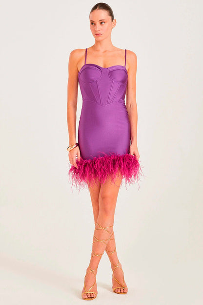 VESTIDO MIDI SCULPT CORSELET COM PLUMAS NA BARRA ROXO