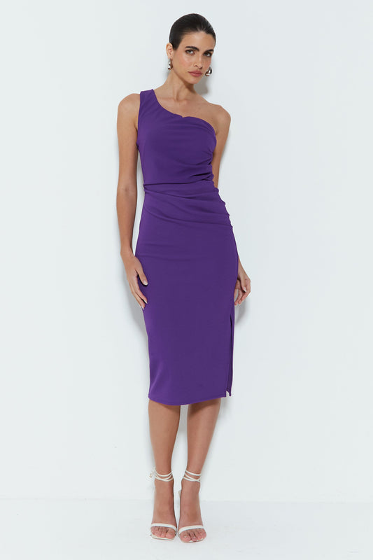 VESTIDO MIDI UM OMBRO SÓ COM DRAPEADO LATERAL ROXO