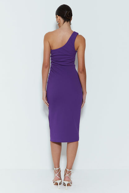 VESTIDO MIDI UM OMBRO SÓ COM DRAPEADO LATERAL ROXO