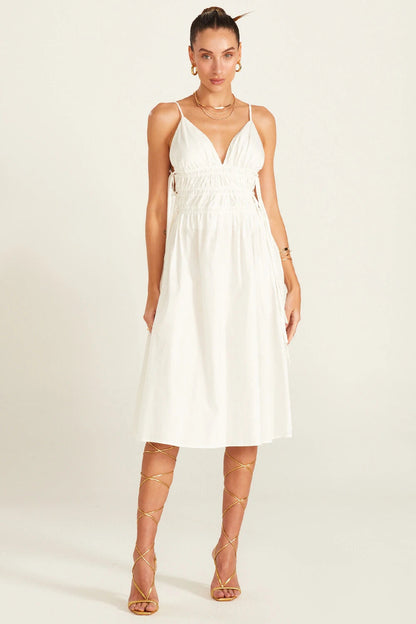 VESTIDO MIDI COM ALÇAS FINAS NA CINTURA OFF WHITE