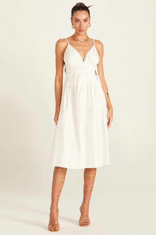 VESTIDO MIDI COM ALÇAS FINAS NA CINTURA OFF WHITE