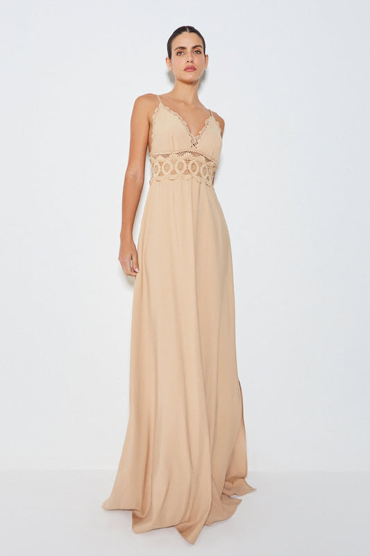 VESTIDO LONGO COM RENDA KAKI CLARO