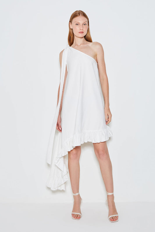 VESTIDO CURTO UM OMBRO SO COM AMARRACAO OFF WHITE