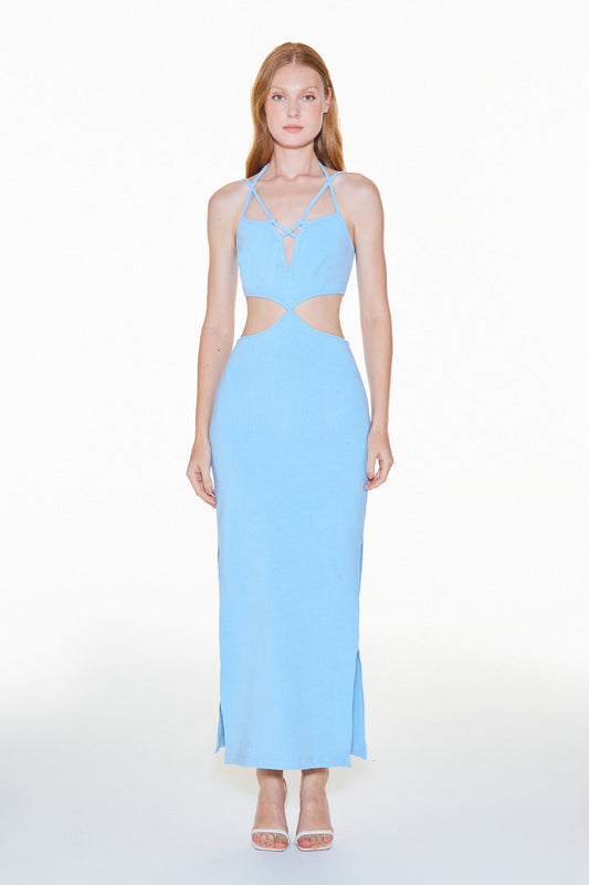 VESTIDO MIDI ALCAS TRANSPASSADAS AZUL BEBE