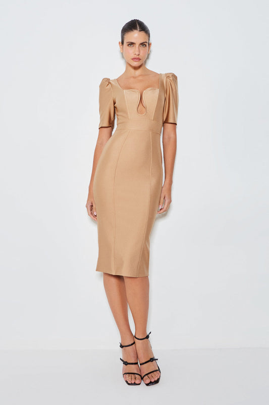 VESTIDO MIDI SCULPT DECOTE COM ARO KAKI