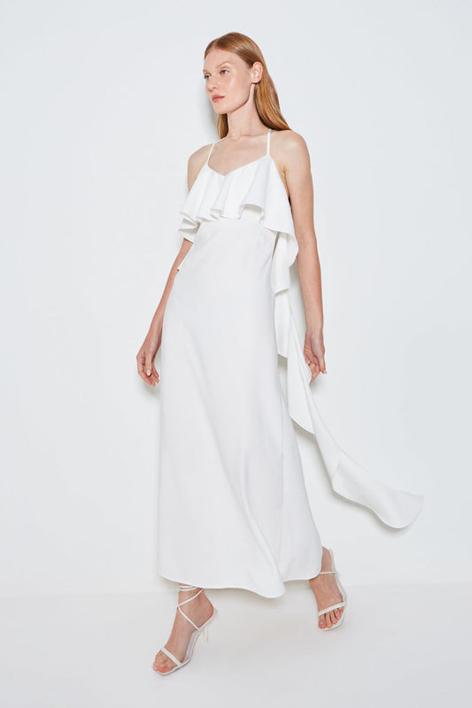 VESTIDO LONGO COM BABADO E DECOTE V OFF WHITE