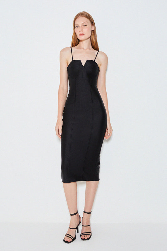 VESTIDO MIDI SCULPT DECOTE COM ARO V PRETO