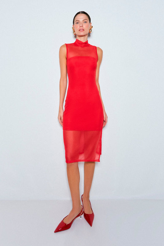 VESTIDO MIDI GOLA ALTA E FENDA LATERAL EM TULE VERMELHO