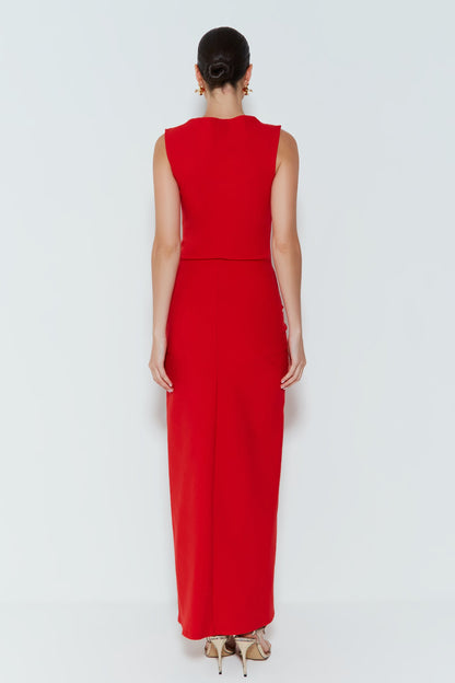 VESTIDO LONGO COM TORCAO E FENDA LATERAL VERMELHO