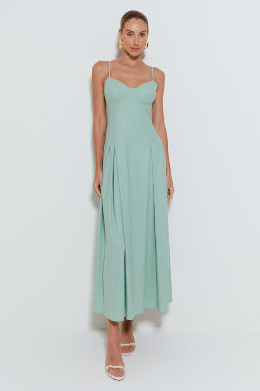 VESTIDO MIDI ALÇA FINA COM SAIA RODADA E PREGAS VERDE MENTA