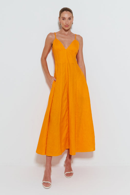 VESTIDO MIDI ALCA FINA COM DECOTE V E SAIA AMPLA LARANJA TANGERINA