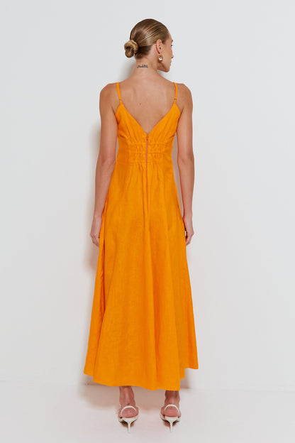 VESTIDO MIDI ALCA FINA COM DECOTE V E SAIA AMPLA LARANJA TANGERINA