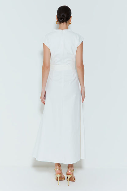 VESTIDO LONGO COM DECOTE PROFUNDO E OMBREIRAS OFF WHITE