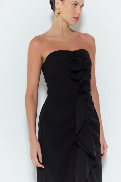 VESTIDO MIDI TOMARA QUE CAIA COM DETALHES BABADOS PRETO