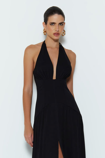 VESTIDO LONGO COM AMARRACAO PESCOCO E BARRA FLUIDA PRETO