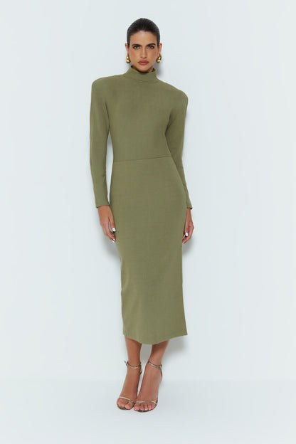 VESTIDO MIDI GOLA  ALTA  ABERTURA COM CAIMENTO COSTAS VERDE PINHEIRO