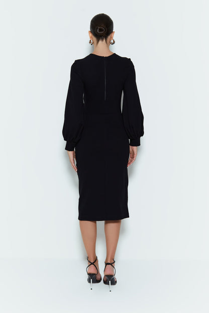 VESTIDO MIDI COM PUNHO MANGAS BUFANTES E FRANZIDO PRETO