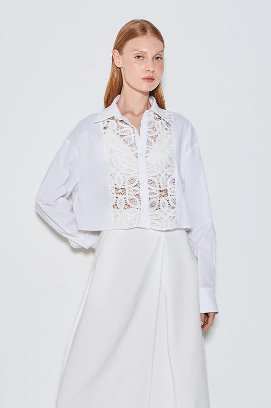 CAMISA MANGA LONGA DETALHE EM RENDA OFF WHITE