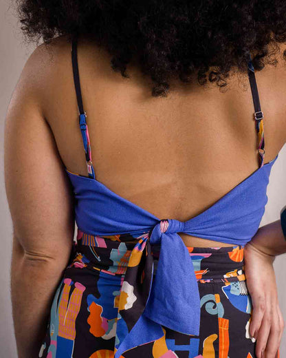 Top Laço Dupla Face | Forró Preto / Linho Azul