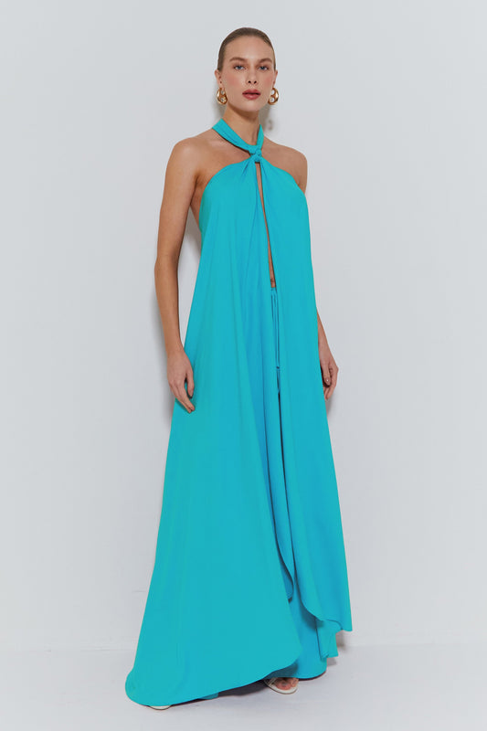 VESTIDO LONGO FRENTE UNICA COM ABERTURA FRONTAL AZUL MALDIVAS