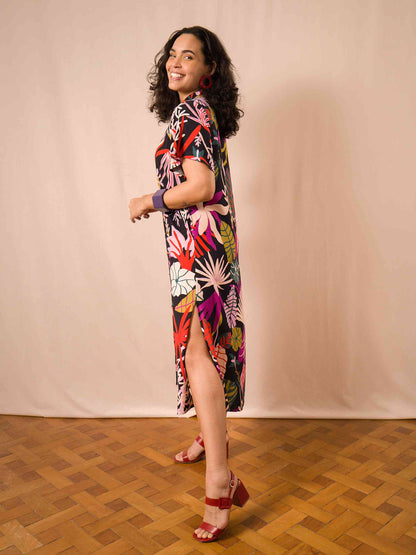 VESTIDO NIPÔNICA LONGUETE | FOLHAGENS