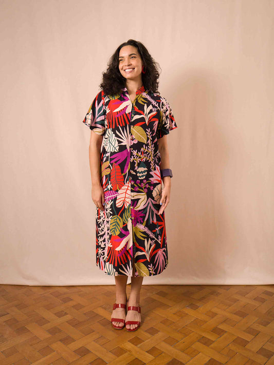 VESTIDO NIPÔNICA LONGUETE | FOLHAGENS